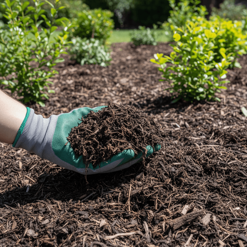 Fresh mulch installation in garden bed