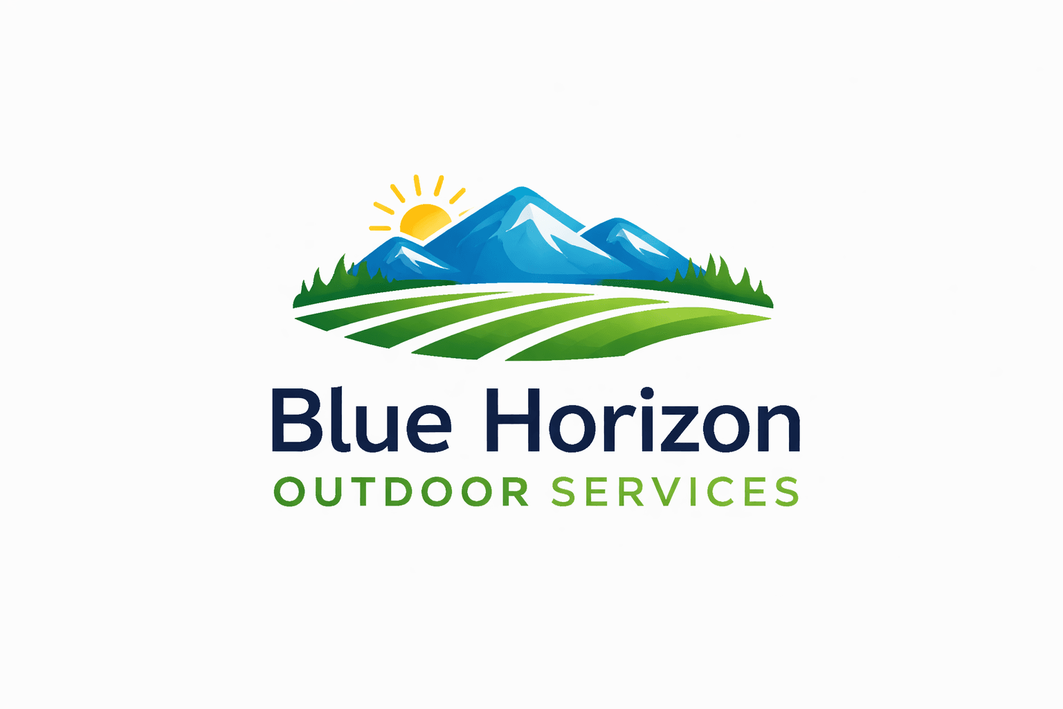 Blue Horizon Outdoor Services logo featuring blue mountains, a yellow sun, and green rolling fields.