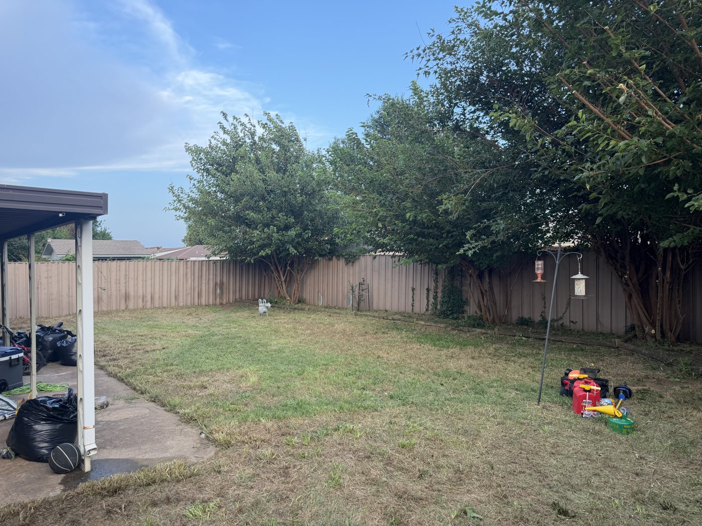 Backyard cleaned up, mowed, and trees trimmed by Blue Horizon in Oklahoma City